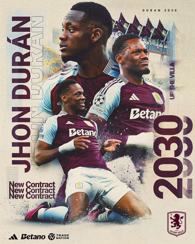 Duran đã gia hạn hợp đồng với Aston Villa đến năm 2030